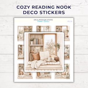 Foglio di adesivi per angolo lettura Hygge minimalista e accogliente, adesivi per libri, adesivi per angolo lettura, mensola per libri, regalo per amanti dei libri
