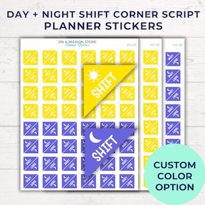 Op de afbeelding: Planner stickers met een dag- en nachtdienstthema. De stickers zijn vierkant met een diagonaal ontwerp en het woord "SHIFT". De afbeelding bevat gele en blauwe stickers, met een zon- en maanafbeelding. Tekst op de afbeelding luidt "DAY + NIGHT SHIFT CORNER SCRIPT PLANNER STICKERS".