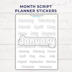 Op de afbeelding: Witte plannerstickers met de maanden van het jaar in een scriptlettertype. De stickerpagina bevat de tekst "Month Script Planner Stickers" en de winkelnaam "On a Mission Store Planner Stickers".
