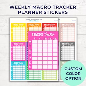 Planificador semanal de macros con pegatinas / Registro nutricional de calorías, proteínas, carbohidratos, grasas y fibra / Diario de preparación de comidas y fitness