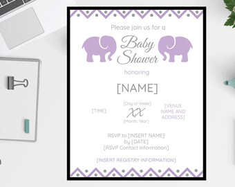 Elephant Baby Shower Invitation (Editable/Personalized)