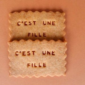 May include: Two brown sugar cookies with the text "C'est une fille" on each cookie.