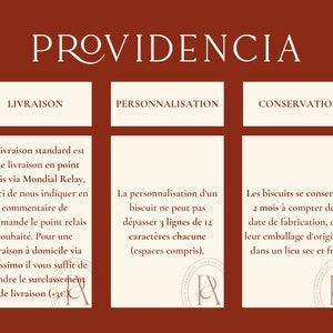 May include: A graphic with the word "PROVIDENCIA" in a white serif font on a red background. Three white boxes with black text describe the delivery, personalization, and preservation of the product. The text in the boxes is in French.