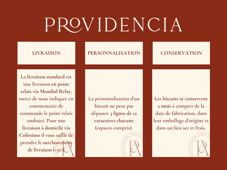 May include: A graphic with the word "PROVIDENCIA" in a white serif font on a red background. Three white boxes with black text describe the delivery, personalization, and preservation of the product. The text in the boxes is in French.