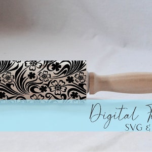 May include: A wooden rolling pin with a black and white floral design. The design features swirls and flowers.  Digital File SVG & DXF