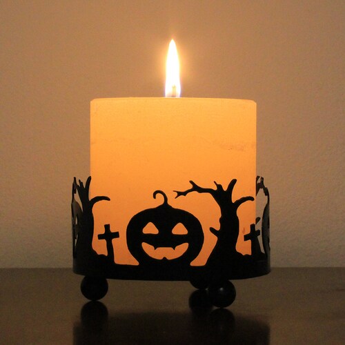 Halloween Candle Holder Hand Painted Pumpkins Bats Black Etsy
