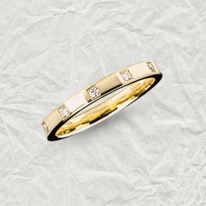 Minimalist Moissanite Wedding Band – Yellow Gold Stackable Ring with Round Cut Stones – Dainty Anniversary or Promise Ring for Her