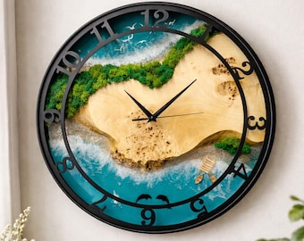 Epoxy Resin Ocean Wall Clock, Handmade Wooden Beach Clock, Coastal Home Decor, Unique Art Clock, Modern Sea Style Wall Hanging, Gift Idea