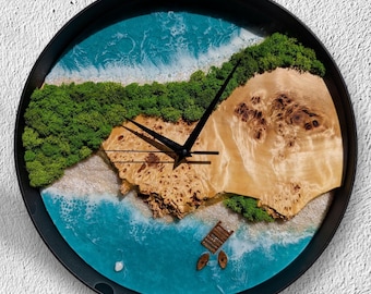 Ocean Resin Wall Clock: Beachy Coastal Decor with Moss & Boat