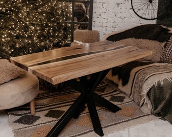 Walnut Epoxy Resin River Dining Table: Live Edge, Black Metal Legs