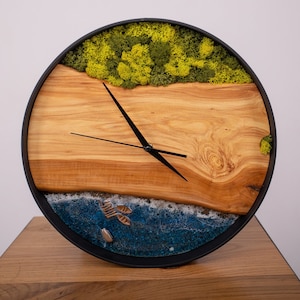Live Edge Wood Wall Clock: Epoxy Resin & Moss Decor