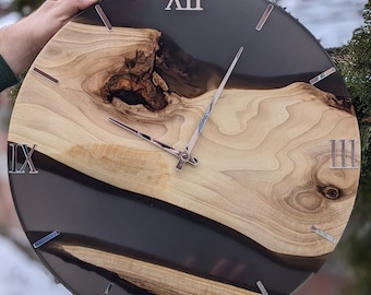 Handmade Walnut Wood Wall Clock with Black Resin & Acrylic Numbers