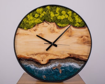 Wooden Wall Clock with Moss, Green Moss Scandinavian Home Decor, Resin Wood Art