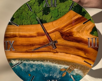Ocean Resin Wall Clock: Wood & Moss Art, Beach Decor (14 inch)