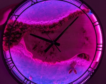 LED Wall Clock: Resin Beach Art with Live Moss, Night Light Decor