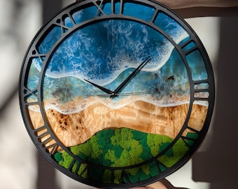 Epoxy Resin Wood Wall Clock, Ocean Style Handmade Wall Clock, Unique Wooden Wall Decor, Modern Coastal Home Art, Silent Wall Clock