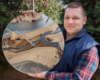 Handmade Walnut Wall Clock: Modern Epoxy Resin, Silent Movement