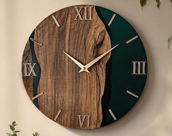 Walnut Epoxy Resin Wall Clock, Handmade Wooden Clock, Modern Wood Wall Decor, Silent Living Room Clock, Unique Housewarming Gift