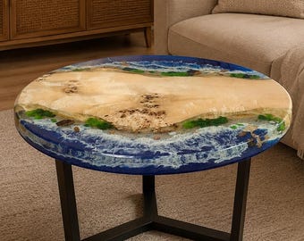 Ocean Resin Coffee Table, Poplar Wood & Epoxy Round Table, Beach Wave Art Table, Handmade Coastal Living Room Furniture, Sea Inspired Decor