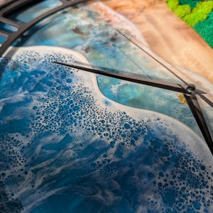 Pu&ograve; includere: Primo piano di un orologio da parete con un design in resina raffigurante onde oceaniche. Il quadrante dell'orologio presenta sfumature di blu e bianco, con lancette nere e una cornice nera. Il design assomiglia a una scena di spiaggia.