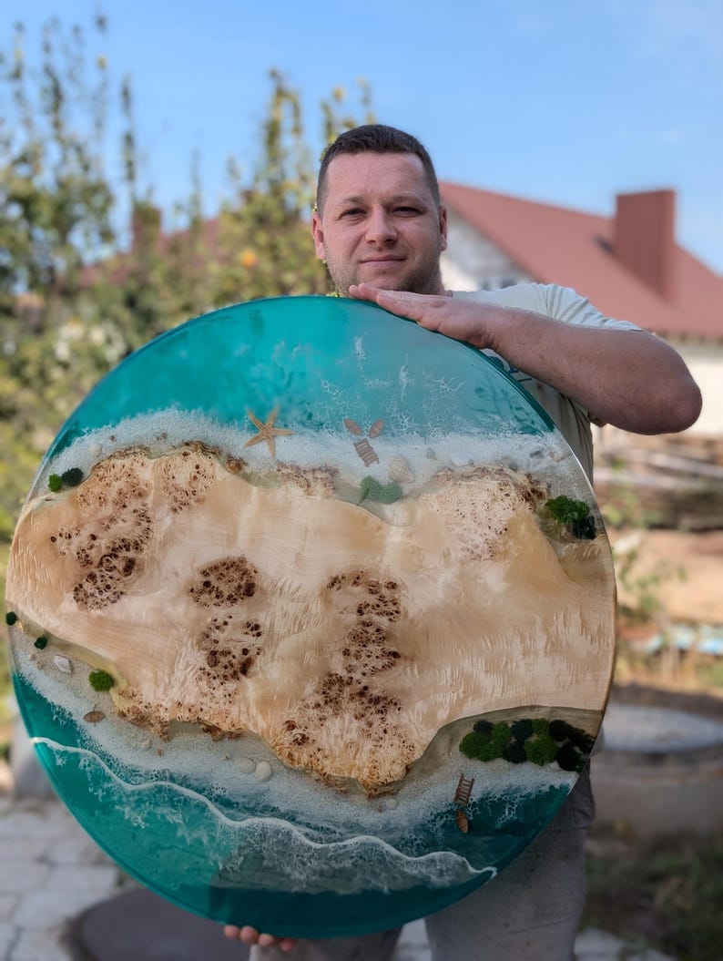 Resin Ocean Wave Coffee Table, Round Epoxy Wood Coffee Table, Live Edge