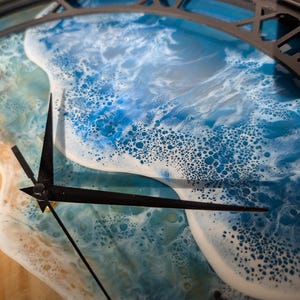 Pu&ograve; includere: Un orologio da parete rotondo con un design a tema spiaggia. Il quadrante presenta un design artistico in resina con sfumature di blu, bianco e beige, che ricorda le onde dell'oceano e la sabbia. Le lancette nere e una cornice in metallo scuro completano il design.