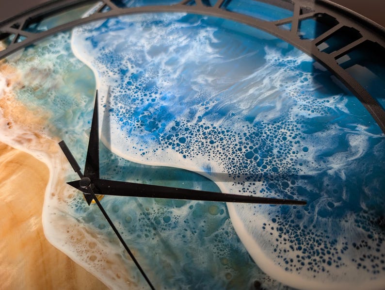 Pu&ograve; includere: Un orologio da parete rotondo con un design a tema spiaggia. Il quadrante presenta un design artistico in resina con sfumature di blu, bianco e beige, che ricorda le onde dell'oceano e la sabbia. Le lancette nere e una cornice in metallo scuro completano il design.