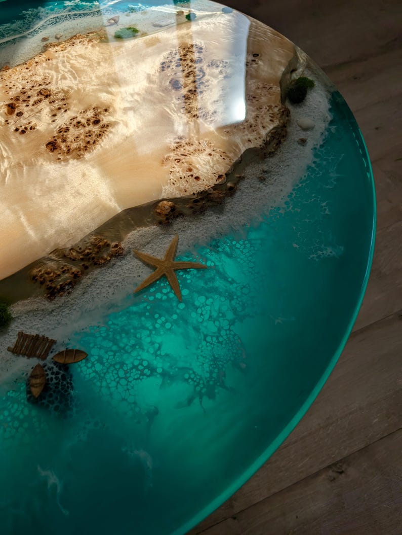 Resin Ocean Wave Coffee Table, Round Epoxy Wood Coffee Table, Live Edge