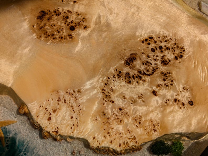 May include: Close-up of a light brown wood slice with a unique burl pattern. The wood has a natural, organic texture with a variety of brown and beige tones.