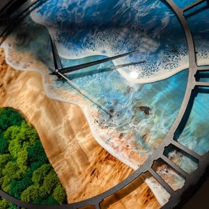Pu&ograve; includere: Un orologio da parete rotondo con un design a scena di spiaggia. Il quadrante dell'orologio presenta una rappresentazione dettagliata di una spiaggia con onde blu dell'oceano, rive sabbiose e fogliame verde. L'orologio ha lancette nere e una cornice nera.