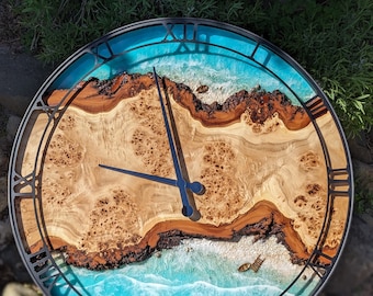 Oversized Resin Wall Clock: Live Edge Wood, Ocean Theme (27.5")