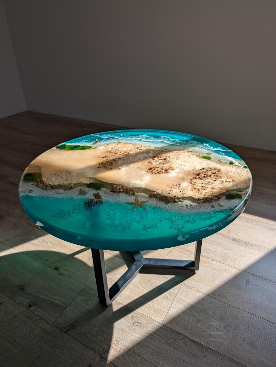 Resin Ocean Wave Coffee Table, Round Epoxy Wood Coffee Table, Live Edge