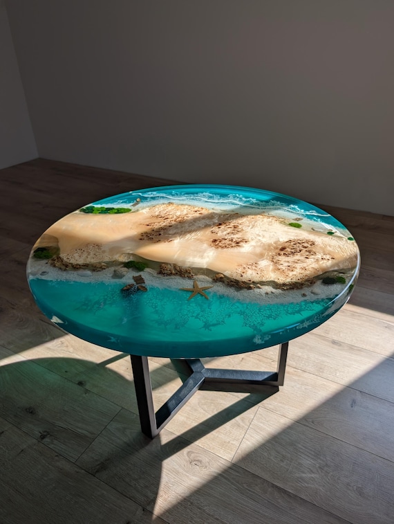 Resin Ocean Wave Coffee Table: Round Live Edge Epoxy Wood Table