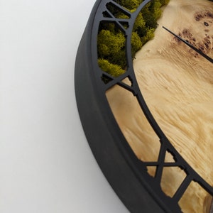 May include: A unique wall clock with a black frame and Roman numerals. The clock face features natural wood grain and a section of green moss. The clock hands are black.