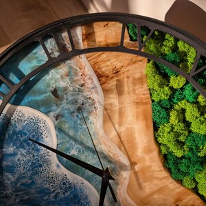 Pu&ograve; includere: Un orologio da parete rotondo con una cornice in metallo nero. Il quadrante presenta un design oceanico blu e bianco, una sezione in legno e una sezione di muschio verde. Le lancette dell'orologio sono nere.