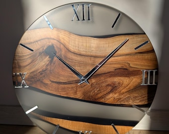 Walnut Wood & Epoxy Resin Wall Clock, Handmade Modern Wall Clock, Mirror Acrylic Roman Numerals, Matte Finish, Large Wooden Wall Clock