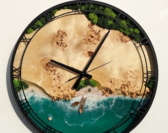 Moss & Ocean Resin Wall Clock: Metal Wood Frame, Stabilized Moss Art