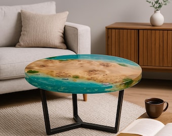 Epoxy Resin Coffee Table, Round Wood Ocean Table with Cats, Handmade Beach Furniture