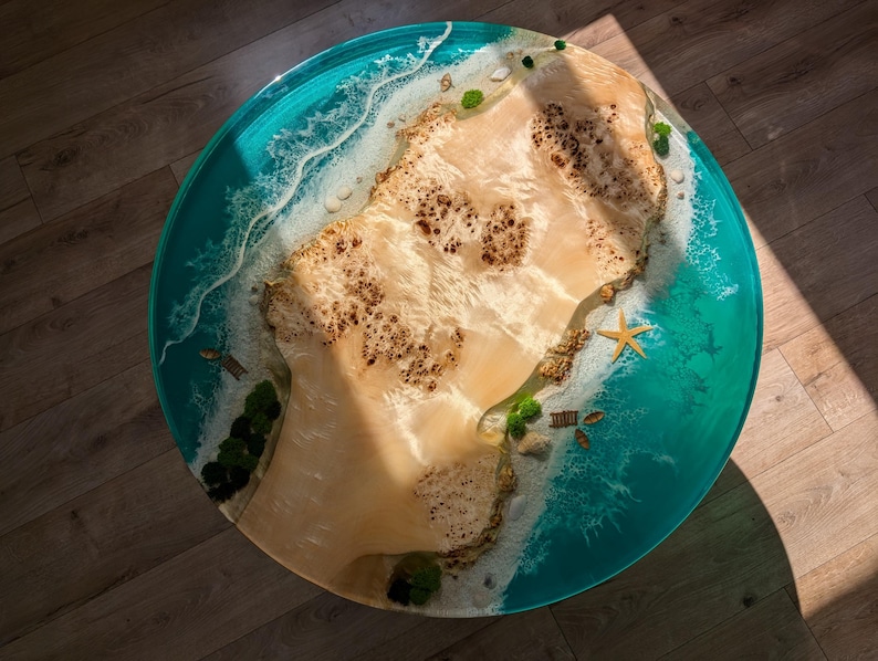 Resin Ocean Wave Coffee Table, Round Epoxy Wood Coffee Table, Live Edge