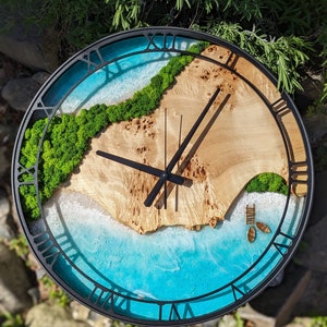 Custom Moss and Wood Wall Clock with Epoxy Resin Art