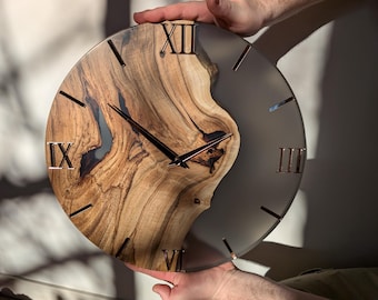 Handmade Wooden Wall Clock with Epoxy Resin – Live Edge Wood & Mirror Acrylic Numbers, Modern Natural Home Decor