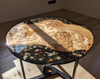 Floral Black Resin Coffee Table: Round Live Edge Epoxy Wood Table