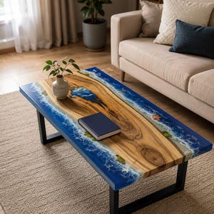 May include: A rectangular coffee table with a wooden top featuring a natural wood grain design. The edges are bordered with a blue resin that mimics ocean waves. The table has black metal legs and a small book on top.