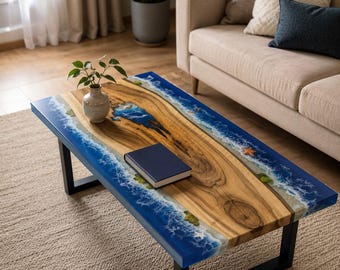 Ocean Resin Coffee Table, Walnut Wood Epoxy Table, Handmade Beach Wave Table, Coastal Live Edge Furniture, Unique Modern Centerpiece