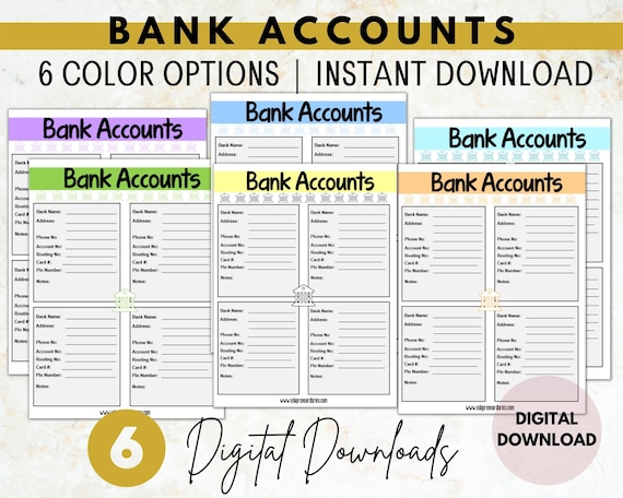 Bank Accounts Organizer Bank Accounts Printable Digital Download