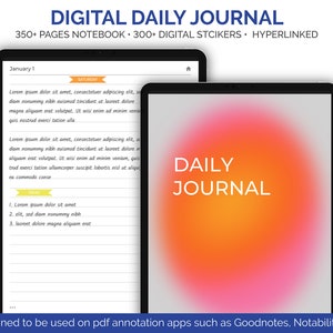 May include: A digital daily journal with a colorful gradient background. The journal has 350 pages, 300 digital stickers, and hyperlinks. The text "DAILY JOURNAL" is displayed in white on the gradient background.