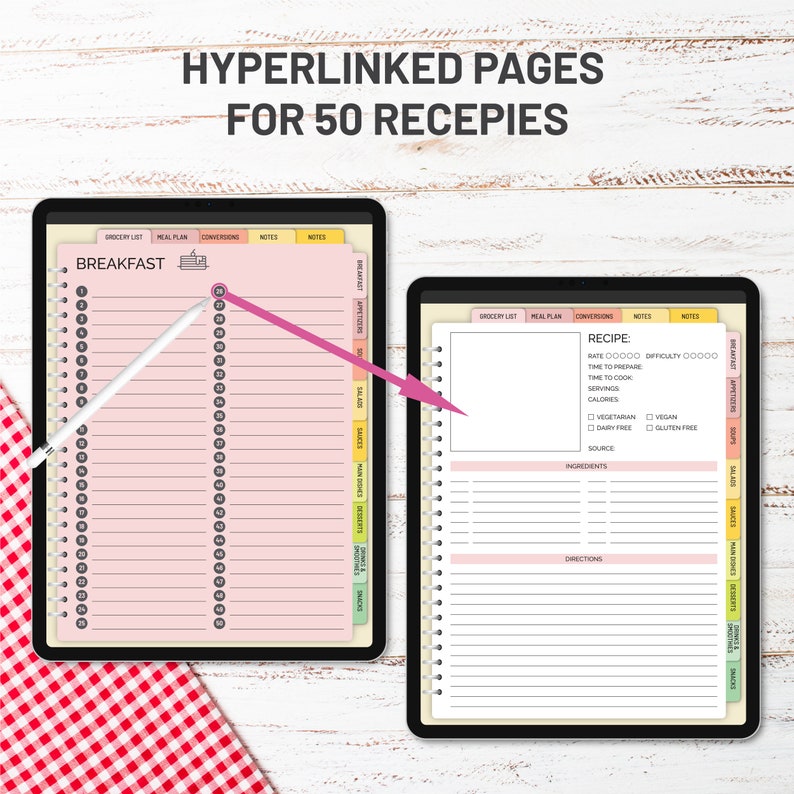 May include: A digital planner with a pink and green color scheme. The planner is designed for 50 recipes and includes sections for grocery lists, meal plans, conversions, and notes. The planner is open to a page labeled "Breakfast" and a page labeled "Recipe".