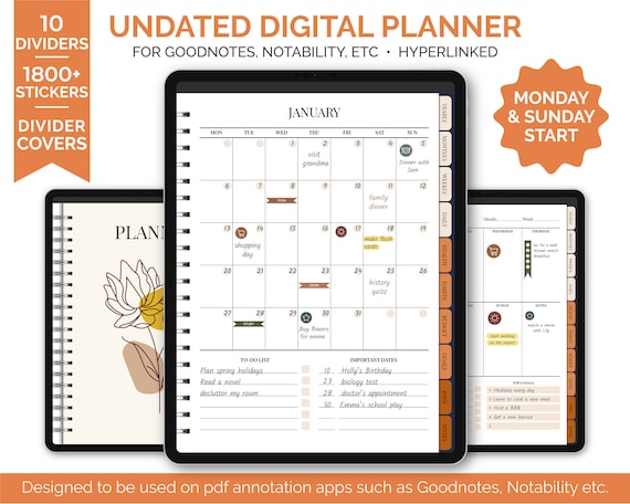 Undated Digital Planner for Goodnotes/notability, Hyperlinked ...