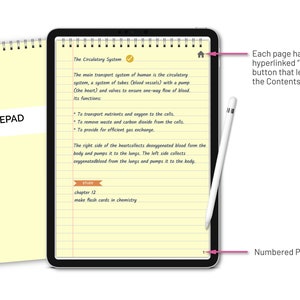 Puede incluir: Un bloc de notas de l&iacute;neas amarillas con el texto "NOTEPAD" en la parte superior. La p&aacute;gina est&aacute; abierta a una nota escrita a mano sobre el sistema circulatorio. La nota incluye una marca de verificaci&oacute;n, un icono de casa y el texto "STUDY, chapter 12, make flash cards in chemistry".