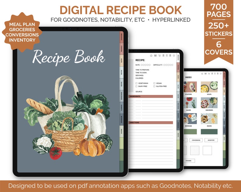 May include: A digital recipe book for Goodnotes, Notability, and other note-taking apps. The cover features a watercolor illustration of a bag of groceries with vegetables, fruit, and bread. The book includes 700 pages, 250+ stickers, and 6 covers.